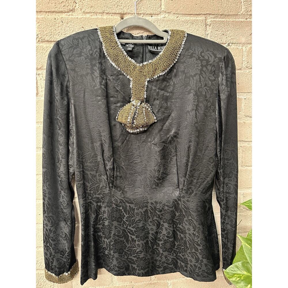 Vintage 80s NWT DELLA ROUFOGALI Silk Beaded Black Evening Blouse SZ 10